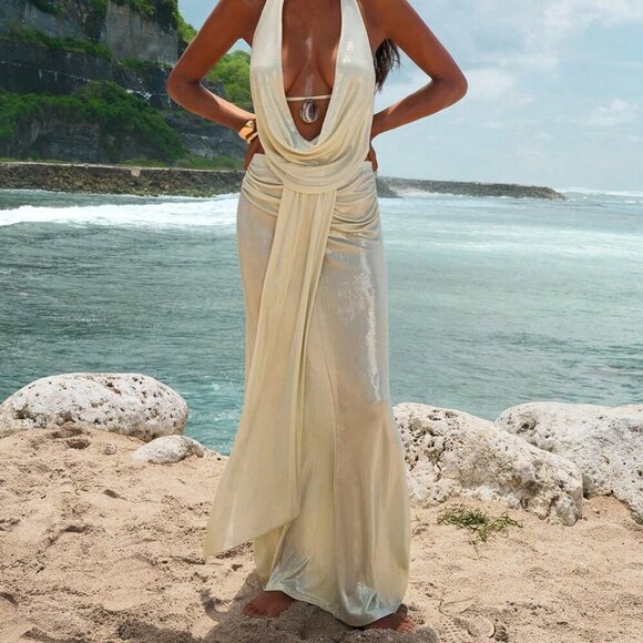 Apricot Sexy Women's Solid Knit Plunge Neck Backless Top & Fishtail Skirt Set - Picture 5 of 8